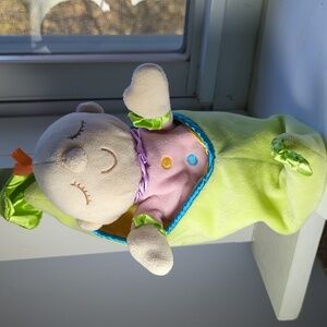 Sweet Pea Manhattan Toy Company stuffed baby in green pod, pink pajamas plush